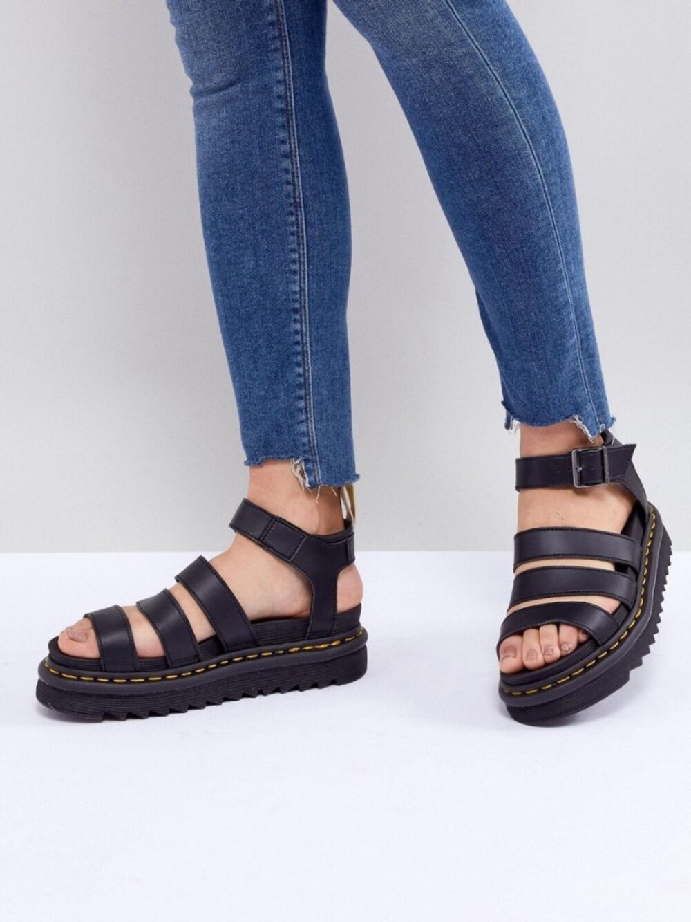 DR MARTENS~Blaire ~BLACK ATHENA LEATHER FOUR STRAP PLATFORM SANDALS Size 7